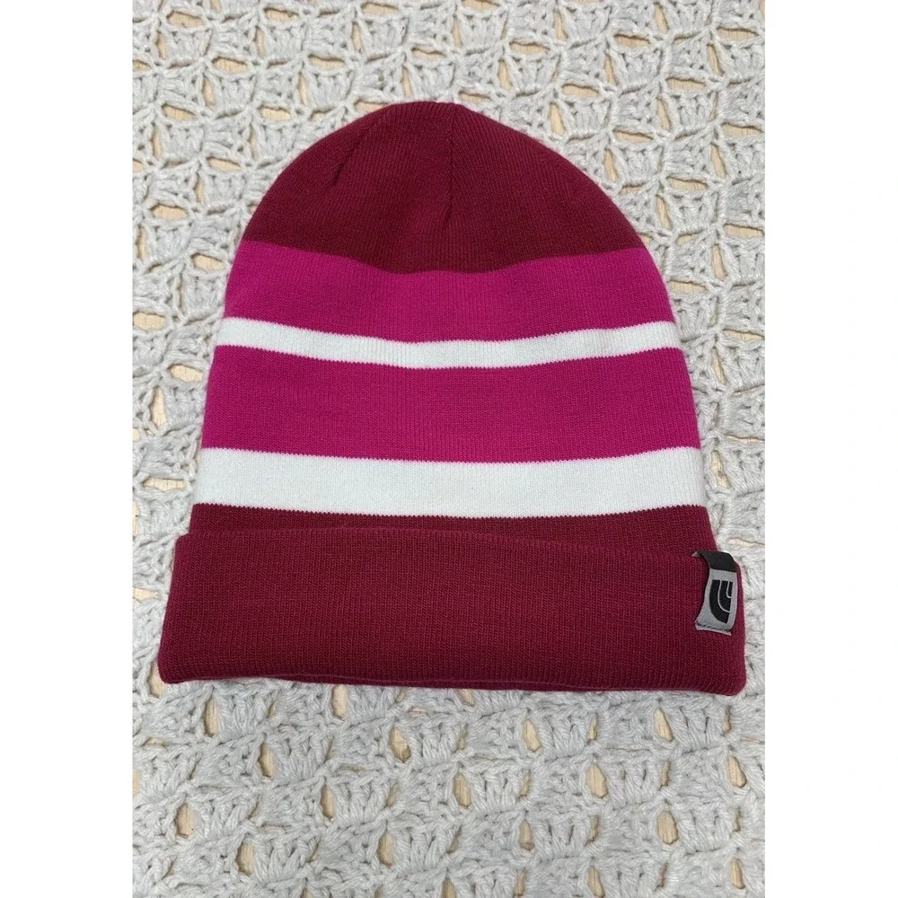 The North Face Beanie Hat Girls One Size Pink White Burgundy Striped Casual